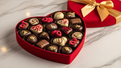 Assorted chocolates in heart shaped box with lid on marble background for valentine's day gift