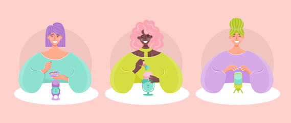 Illustrations characters woman blogger making asmr content.  Asmr content creator blogging.