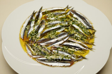 Overheard view of Anchovies Marinated in Vinegar (Boquerones en Vinagre), Spanish tapas