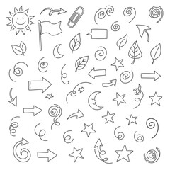 Black and White Doodle Icon Set &ndash; Arrow, Leaf, Star, Sun, and Moon Symbols