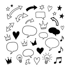 Black and White Doodle Icon Set &ndash; Heart, Crown, Speech Bubble, Music, and Arrow