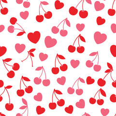 Bright Pink Cherry and Heart Pattern on White Background