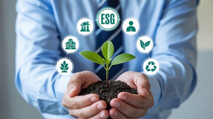 A person holding a small plant with ESG icons surrounding it in a professional setting