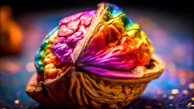 Colorful brain illustration inside a walnut shell creative concept