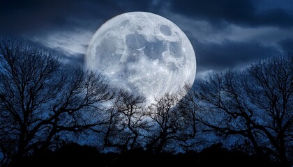 large full moon illuminating dark cloudy sky with bare tree branches in silhouette against nighttime horizon