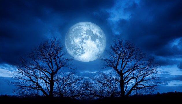 bright full moon illuminating dark cloudy sky with bare twisted tree branches in foreground silhouette against blue night horizon - Powered by Adobe