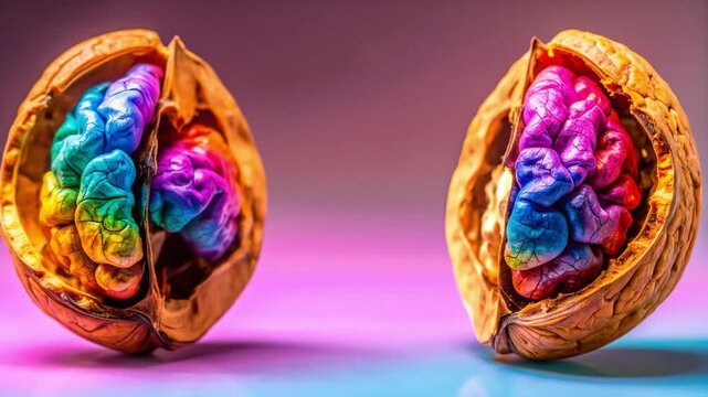 Colorful brain inside walnut shells concept of mind and idea