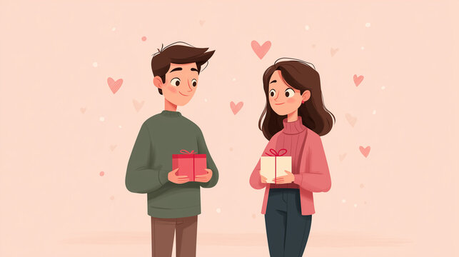 Cute couple exchanging gifts on Valentines Day in romantic pastel illustration style for love and relationship concept