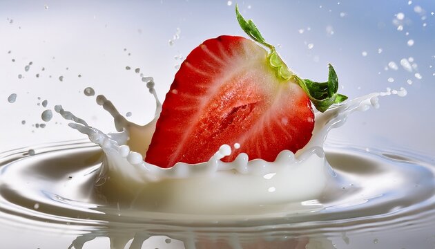 a strawberry half immersed in a milk splash - Powered by Adobe