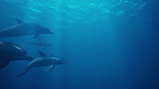 A group of dolphins swims underwater