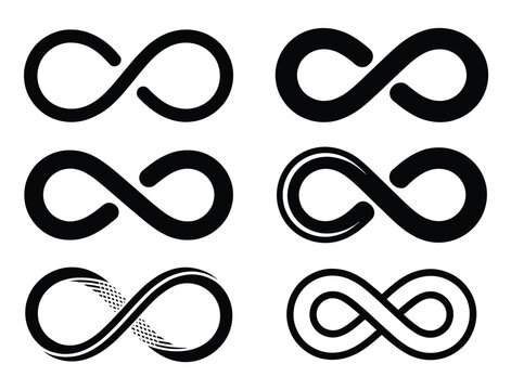 Set of infinity signs, made of different types of torsion and intersection, vector tattoo flat design, featuring creative loop variations, endless symbol concepts, and clean modern vector illustration