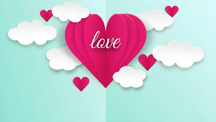Pop-up Style Pink Paper Heart with Love Text and White Clouds on Light Blue Background