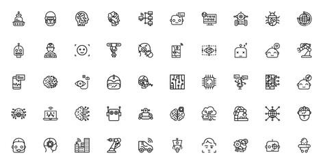Fototapeta premium Artificial Intelligence icon set. Vector AI symbols pack featuring robot, brain, cloud, servers, facial recognition, VR, digital and more. Editable line icons.