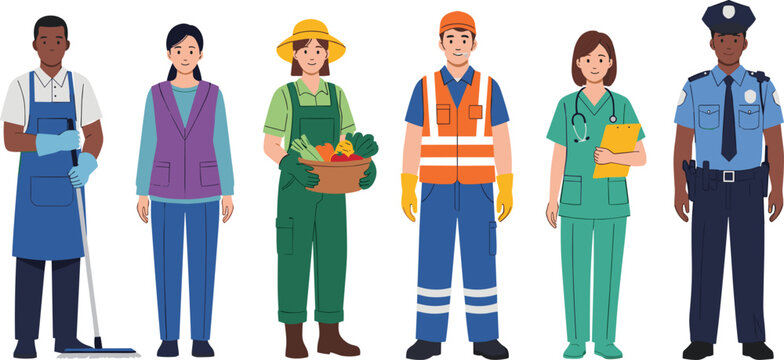 Set of diverse essential workers including janitor office staff farmer construction worker nurse and police officer vector illustrations.