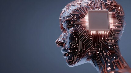 Human head as a futuristic cyborg profile with circuit board patterns and a glowing microprocessor, symbolizing advanced ai, digital brain, neural networks and connectivity