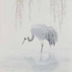 Obraz premium Bird standing in shallow water, head bent down; weeping tree in the background
