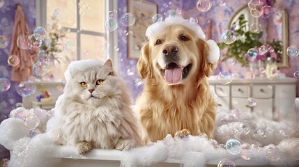 Golden retriever and long haired cat share a bubbly bathtub spa, covered in foam with colorful floating bubbles, playful and pampered in a bright bathroom scene