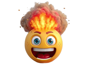 Explosive emoji face with fire above head isolated on transparent background 