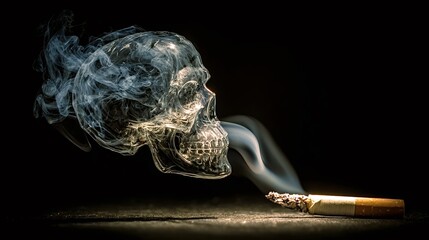 Smoke rising from a burning cigarette transforms into a ghostly skull, visually representing the severe health risks, addiction, and ultimate death associated with tobacco use