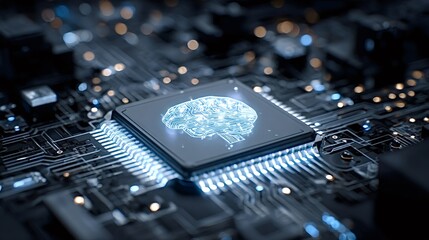 Central processing unit with an illuminated brain symbol representing advanced ai technology, integrating digital neural networks into modern computing systems