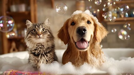 Friendly golden retriever dog and fluffy tabby cat enjoying a bubble bath in a tub, covered in suds and surrounded by floating soap bubbles, depicting pet care and companionship