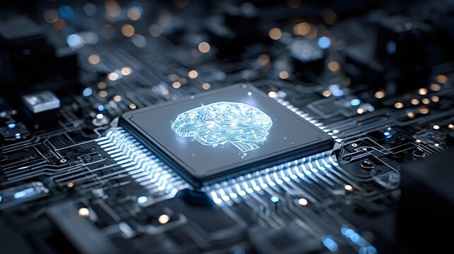 Central processing unit with an illuminated brain symbol representing advanced ai technology, integrating digital neural networks into modern computing systems - Powered by Adobe