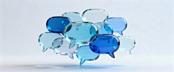 Cluster of 3D blue glass speech bubbles. Glossy transparent chat icons for social media marketing. Creative communication concept, digital messaging bubbles on white background.