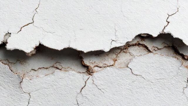 Cracked wall surface showing progressive deterioration with visible fissures and peeling layers revealing underlying textures and colors in a close-up view of the damage