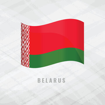 3D illustration of the waving flag of Belarus. National symbol of the Republic of Belarus on a textured grey background with a traditional red and white ornament pattern.