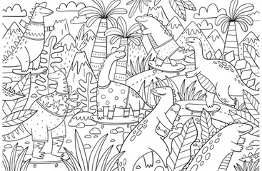 Cute Dinosaurs in tropical on skateboard. Coloring page. Vector doodle style