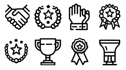 Achievement and Success Icon Set: Outline Vector Collection of Awards, Trophies, Laurel Wreaths, Handshake, Victory Symbols