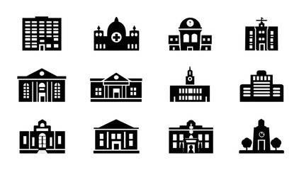 Black silhouette building icons set. Modern and classic architecture symbols for public, education, health, and government facilities.