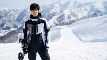 スノーボードを抱えゲレンデに立つ男性