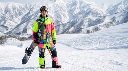 スノーボードを抱えゲレンデに立つ男性