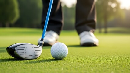 A person prepares to hit a golf ball on a green course with a club.
