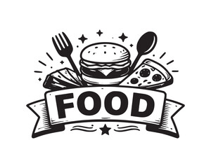 Hand-Drawn Food Emblem with Burger, Pizza, and Sandwich