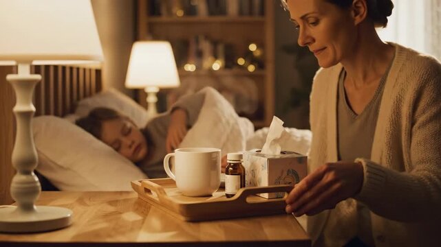 In a softly lit bedroom, a caring person brings a tray with tea and soothing treats to someone resting in bed. Comfort and love fill the air as a gentle routine unfolds.