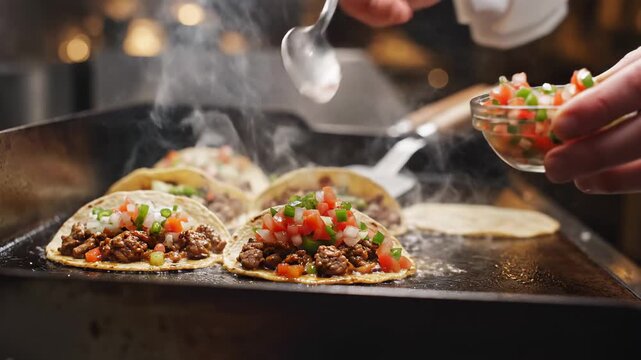 A professional chef carefully adds fresh salsa topping to steaming beef tacos on a hot griddle in a vibrant kitchen setting with rising steam and warm ambient lighting.
