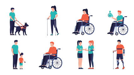 Fototapeta premium Diverse group of people with various physical disabilities including wheelchair users and those with prosthetic limbs standing together.