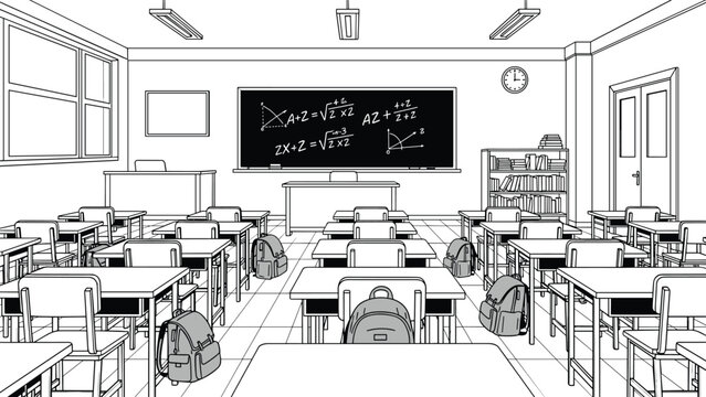 Detailed black and white sketch of an empty school classroom with rows of desks, a blackboard with math equations, and student backpacks.