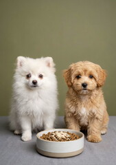 A puppy spitz and maltipoo with a bowl full of dry food advertising banner with copy space