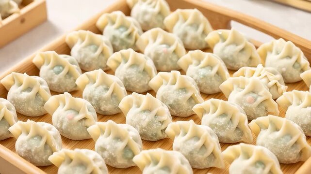 Close-up of handmade raw dumplings arranged on a bamboo tray