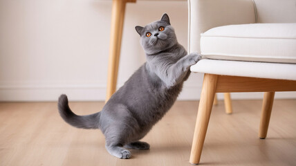 AI-generated illustration of gray domestic cat scratching chair at home, pet behavior and furniture damage concept