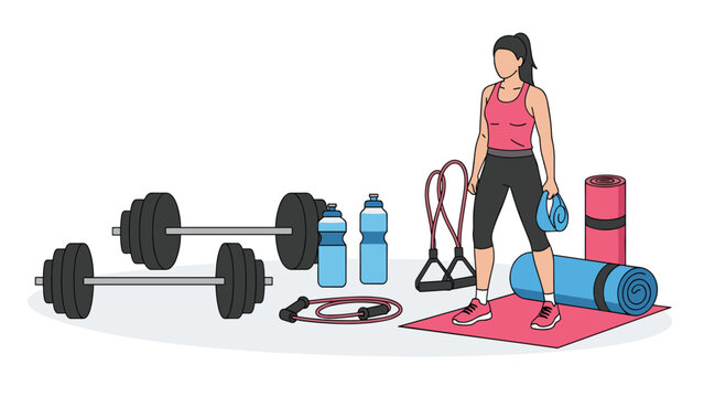 Fit woman in sportswear stands in a home gym surrounded by various exercise equipment like dumbbells, yoga mats, and resistance bands.