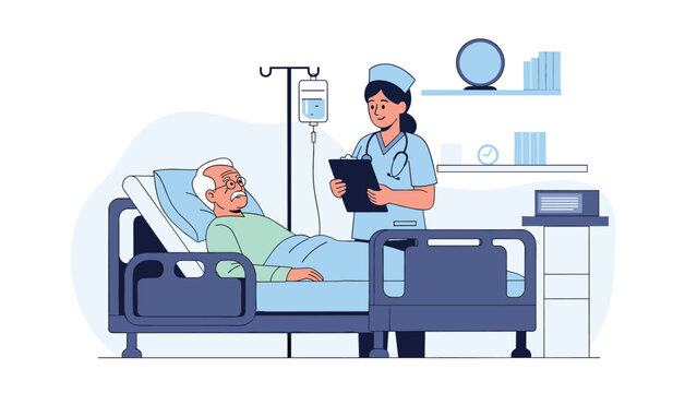 Dedicated nurse in a blue uniform checks on an elderly male patient resting in a hospital bed while holding a medical chart for monitoring.