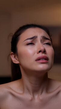 Young attractive brunette caucasian woman with sad and tearful expression looking up with hope and sorrow on blurred interior background, vertical video, concept of deep emotional pain and inner strug