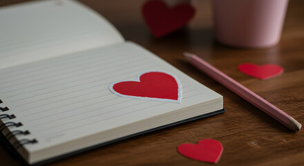 Notebook with red heart shapes and pink pencil on wooden table  