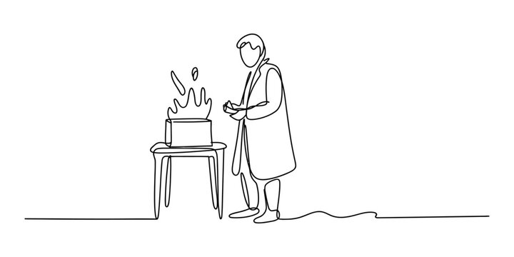 Hindu priest performing sacred fire ritual in continuous one line art style