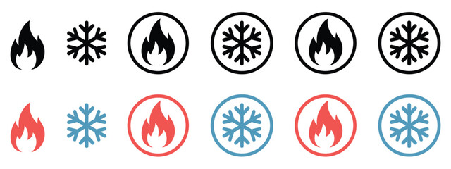 Snowflake and fire icon set, featuring hot and cold symbols, clean modern vector style, ideal for seasonal branding, weather indicators, digital illustration, and graphic design projects. © vector gelary