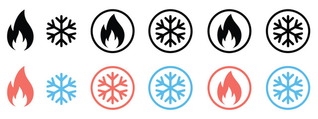 Snowflake and fire icon set, showcasing detailed hot and cold vector symbols in a clean modern style, perfect for seasonal design, branding, and digital illustration projects, flat vector graphics 